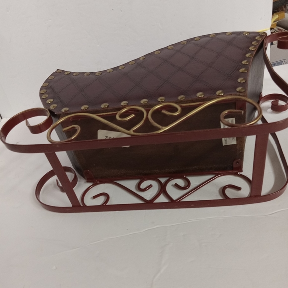 Santa Christmas Sleigh Wooden Metal & Burgundy Leather Large - Picture 8 of 9
